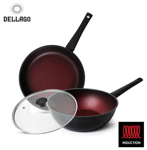 [DELLAGO] 델라고 와인 인덕션(IH)겸용 프라이팬 3종세트 (프라이팬28cm+궁중팬28cm+유리뚜껑 28cm)