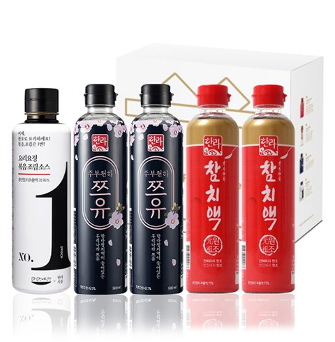 한라참치액 4호세트 요리요정볶음조림소스x1병+주부천하 쯔유 500mLx2병+참치액 500mLx2병